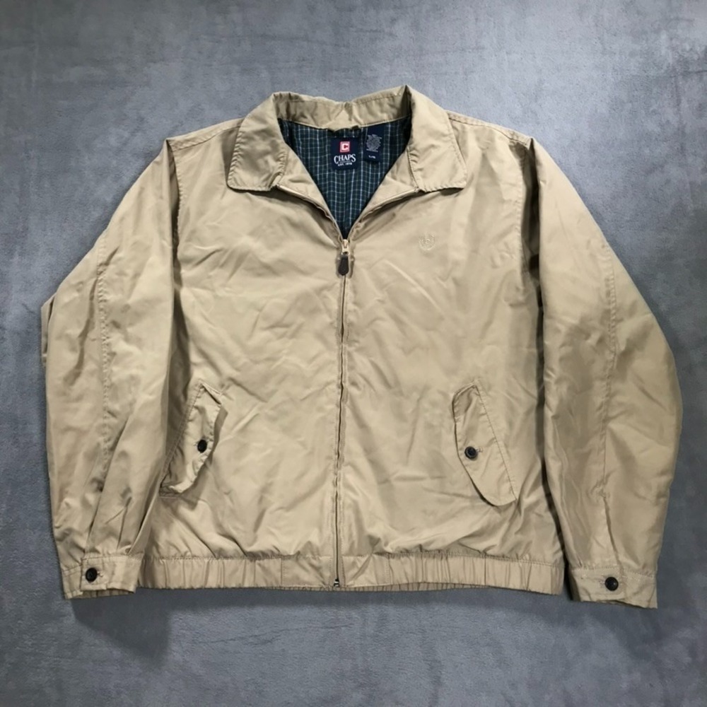 Chaps Bomber Jacket Men's Large Tan Beige Plaid Lined Bi Swing Preppy Full Zip